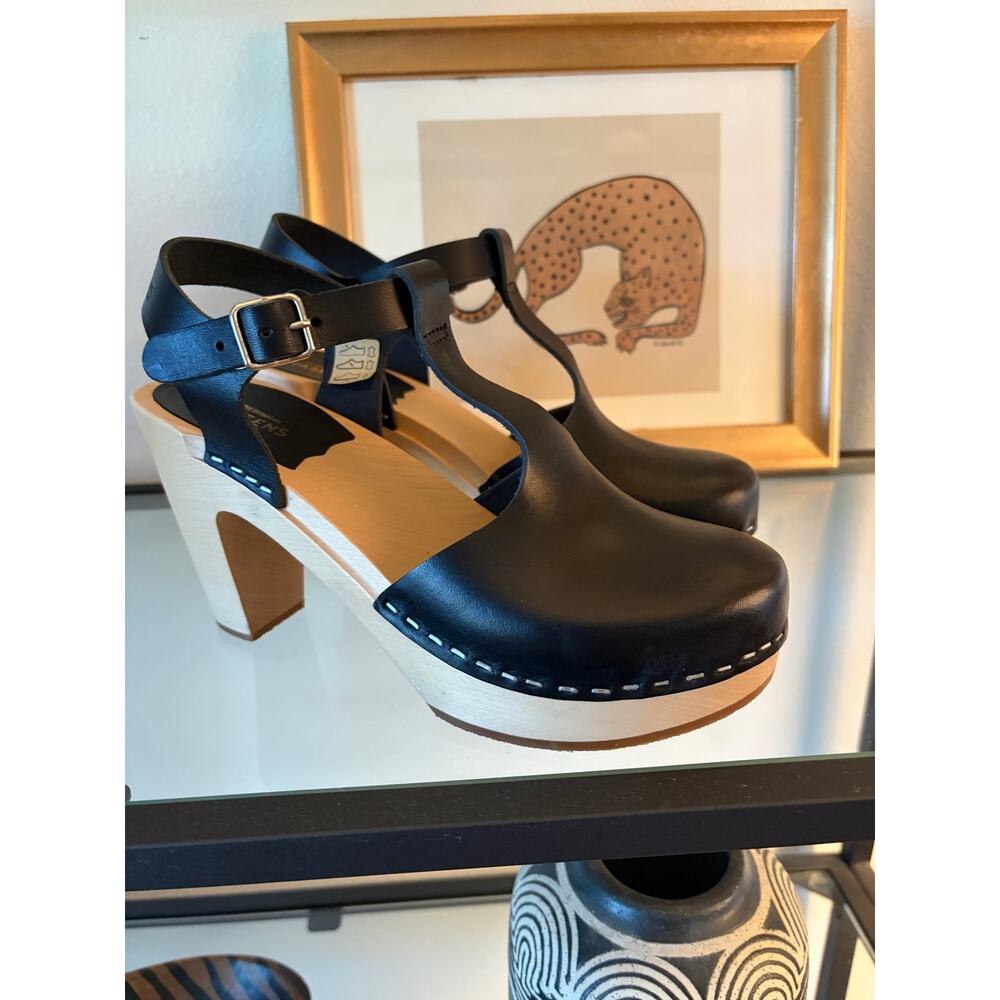 Swedish Hasbeens T Strap Sky High Clogs Black Natural Wood Platform Heels EU 37